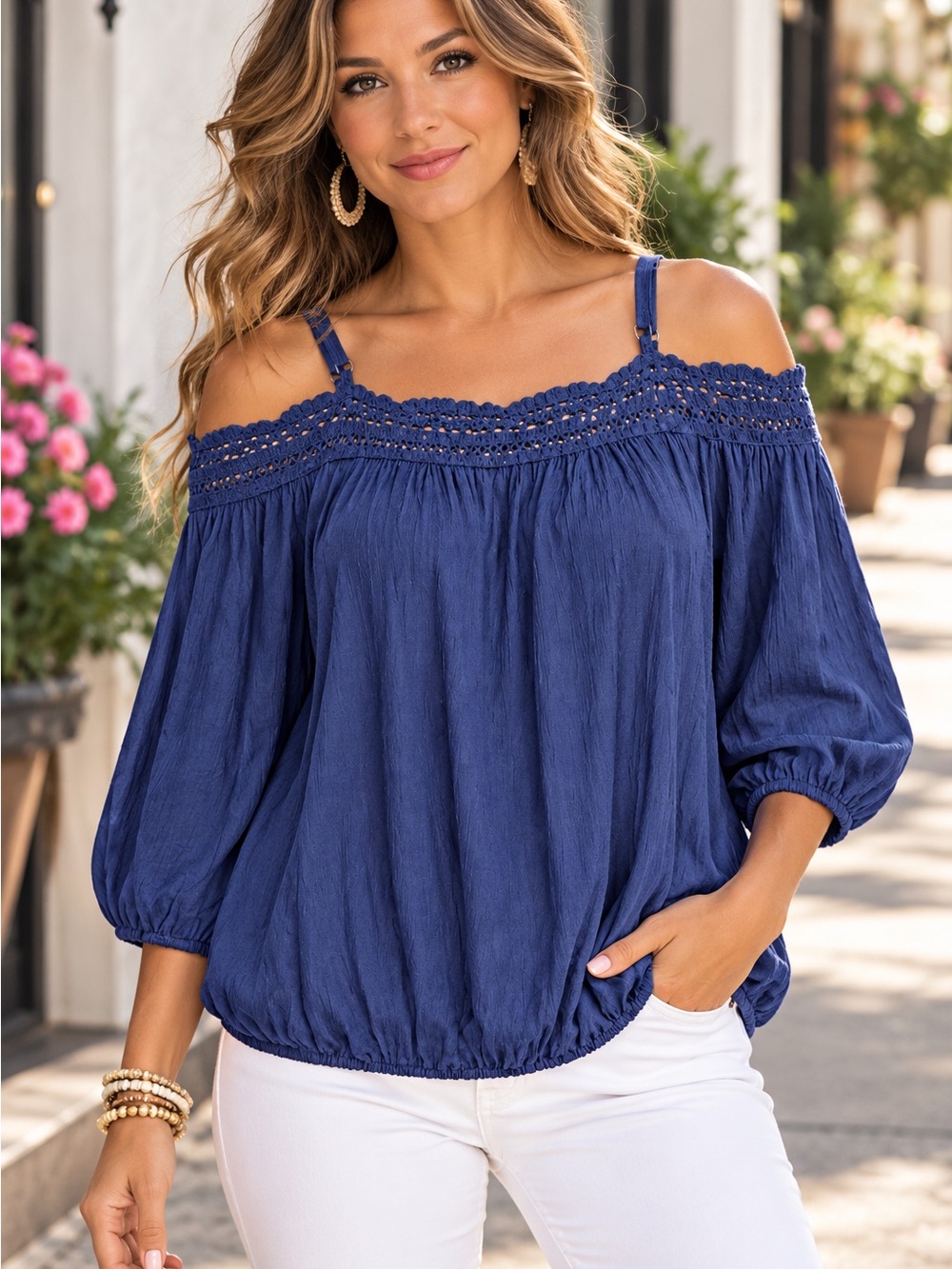 A. Byer blue crinkled off-the-shoulder peasant blouse crochet lace trim small
